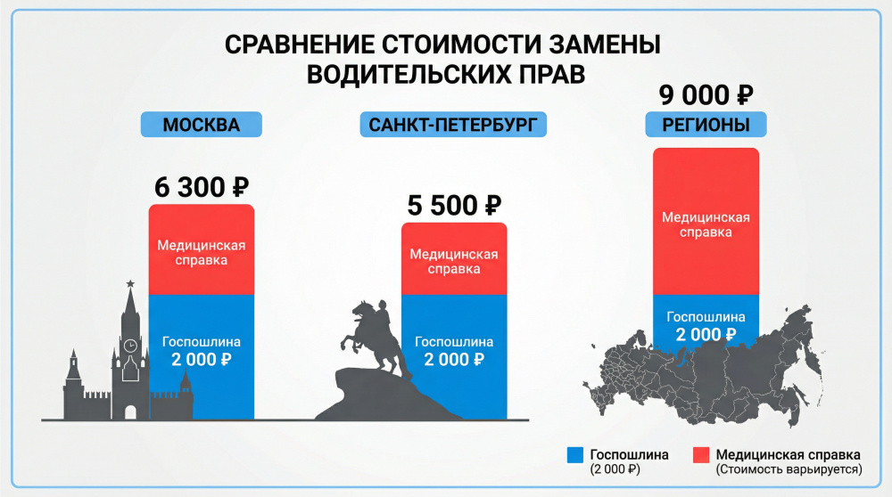 Сравнительная диаграмма стоимости замены прав в Москве, СПб и регионах (медсправка + госпошлина)