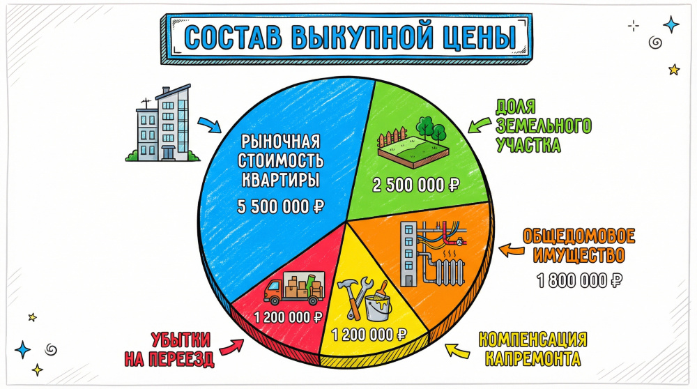 Выкупная цена аварийного жилья формируется из пяти обязательных компонентов, каждый из которых подлежит отдельной оценке и включению в итоговую сумму согласно части 7 статьи 32 ЖК РФ