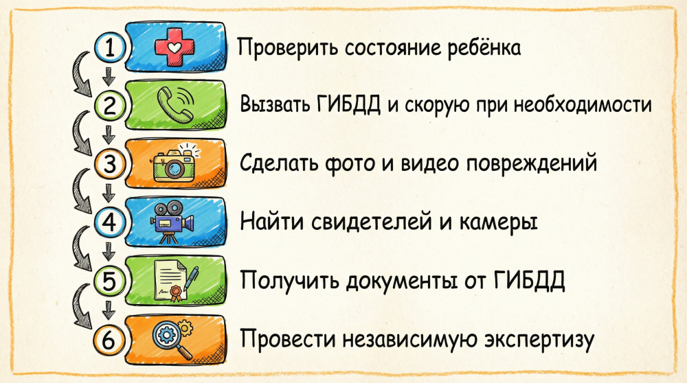 Инфографика с пошаговым алгоритмом действий для владельца автомобиля после столкновения.