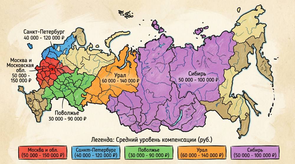Интерактивная карта России с указанием средних сумм компенсаций и особенностей судебной практики по регионам