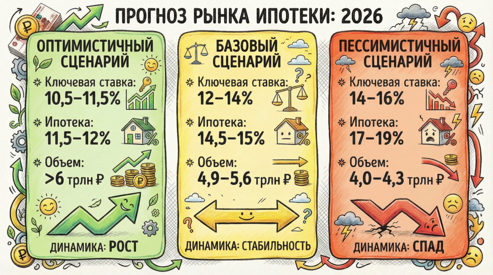 Визуализация трёх сценариев развития ипотечного рынка в 2026 году