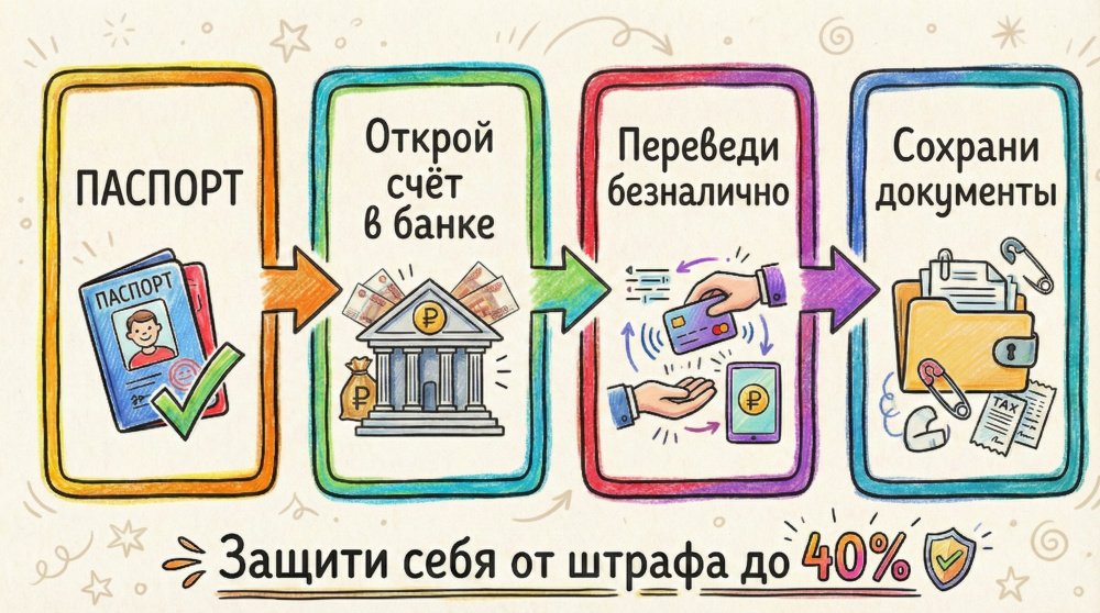 Рисованная пошаговая схема в виде горизонтальной цепочки из четырёх блоков