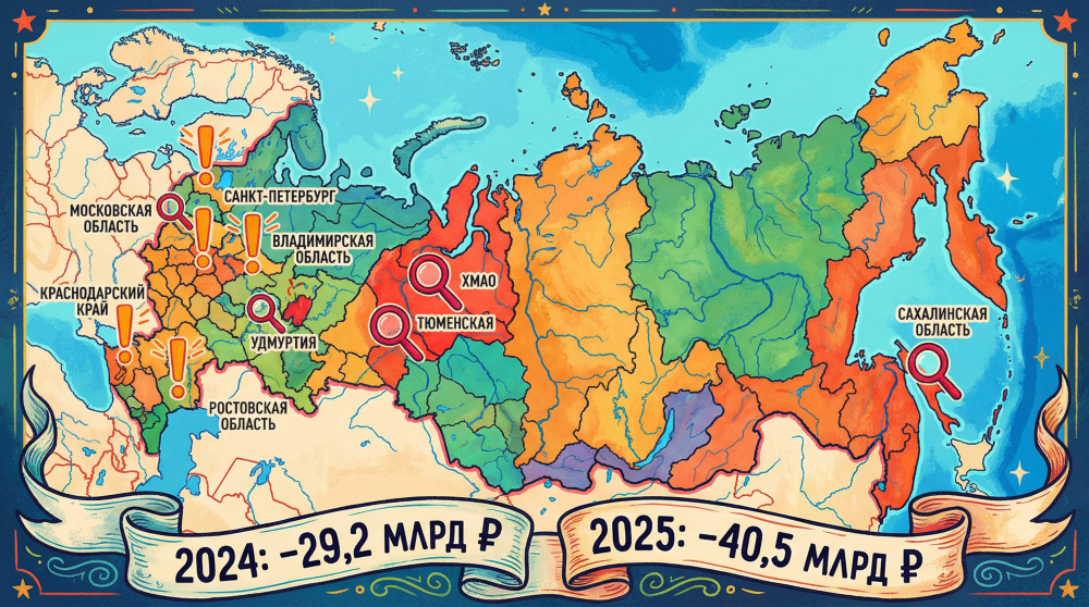 На карте выделены цветом регионы, где ФАС проводит или планирует проверки: Тюменская область, ХМАО, ЯНАО, Сахалинская и Псковская области, Удмуртия