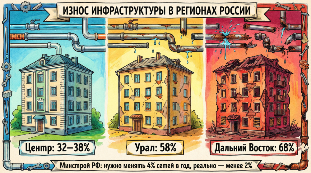 На Дальнем Востоке износ достигает 68%, на Урале — 58%, тогда как в центральных регионах — 32–38%.