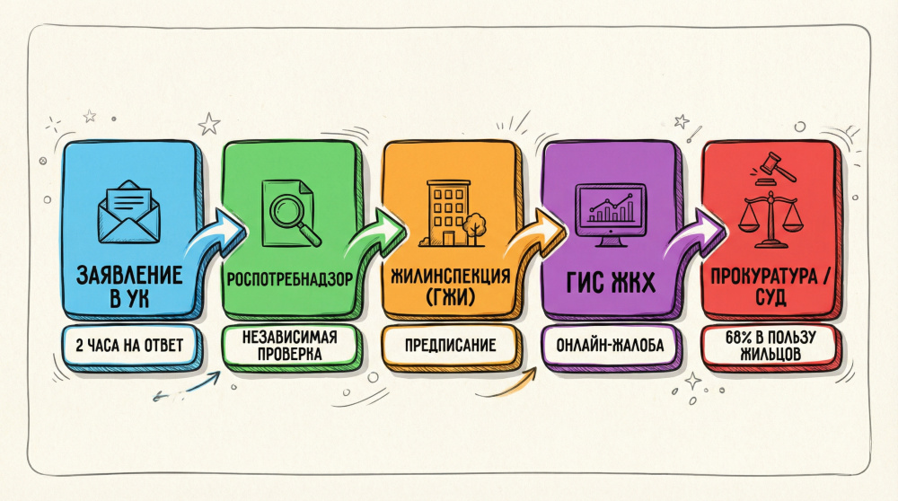 Назначение: Визуализировать пошаговый процесс подачи жалобы на управляющую компанию.