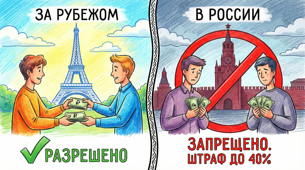 Рисованная иллюстрация, разделённая на две половины вертикальной линией