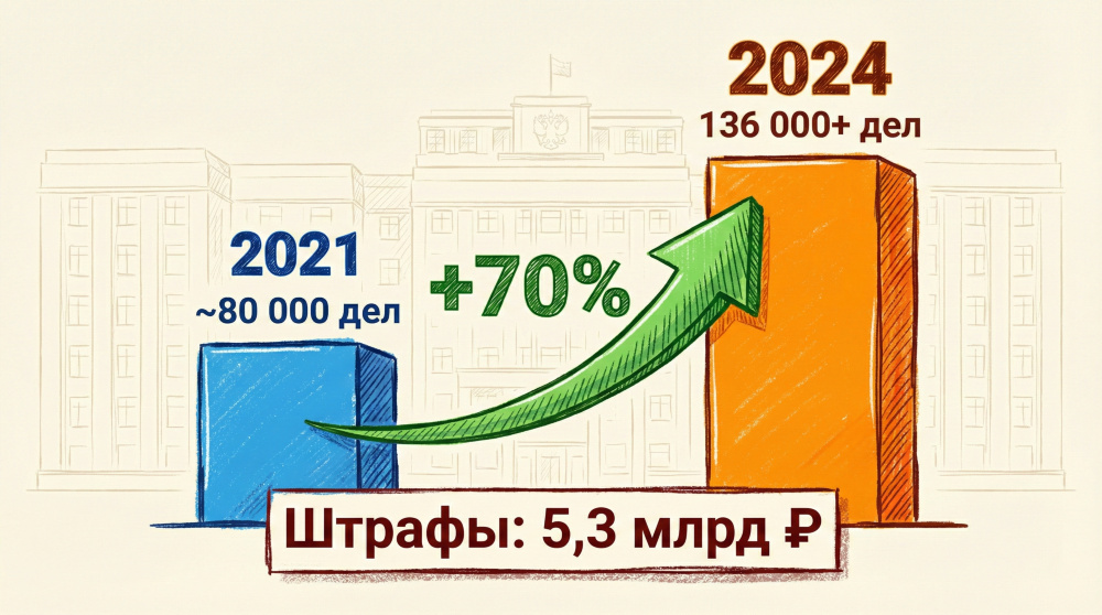Рисованная инфографика в ярких цветах, показывающая динамику роста числа дел по валютным нарушениям